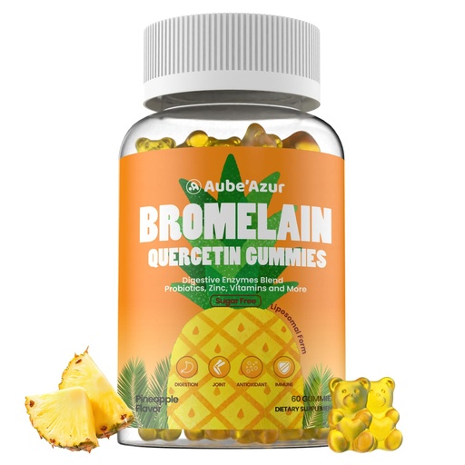 [BRSRGADQPMHGAHLG] Liposomal Bromelain with Quercetin Gummies, 1000mg Bromelain Supplement for Women & Men, with Probiotics, Digestive Enzymes for Gut, Digestive & Immune Support, Sugar Free, Pineapple Flavor, 60 Count