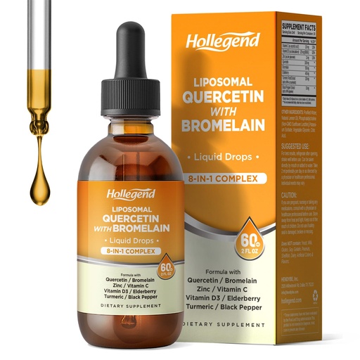 [BRSRACQZPICRMAY2] Liposomal Quercetin with Bromelain Liquid Drops, 8 in 1 Organic Quercetin 1000mg Supplements with Bromelain 500mg, Vitamin C, D3, Zinc, Elderberry, Turmeric for Immunity & Respiratory Health, 2 Fl Oz