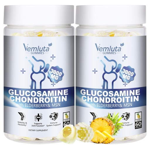 [BRSRE2Y6BMDWAGT7] 2 Packs Glucosamine Chondroitin Gummies - 3000MG Extra Strength Joint Support Supplement with MSM, Flexibility, Antioxidant Immune Support Gummy for Adults, Men & Women - 120 Cts