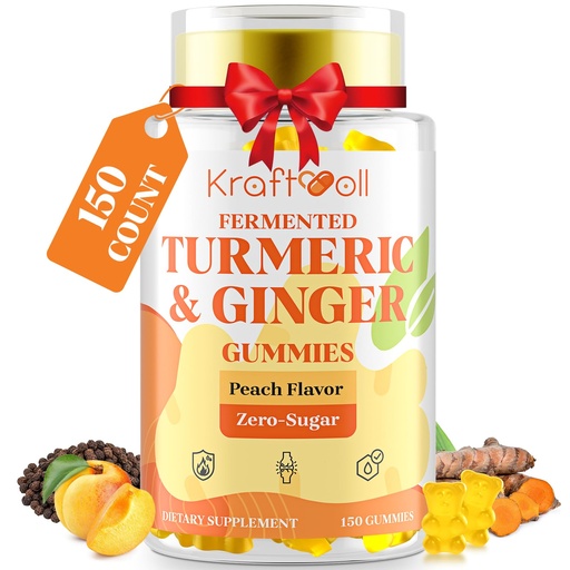 [BRSRGFTYAEMQE3YZ] 5 Month Supply Turmeric and Ginger Gummies with Black Pepper, Fermented Turmeric for Joint Comfort & Mobility, Sugar-Free with Vitamin D3 + K2, Natural Peach Flavor – 150 Gummies