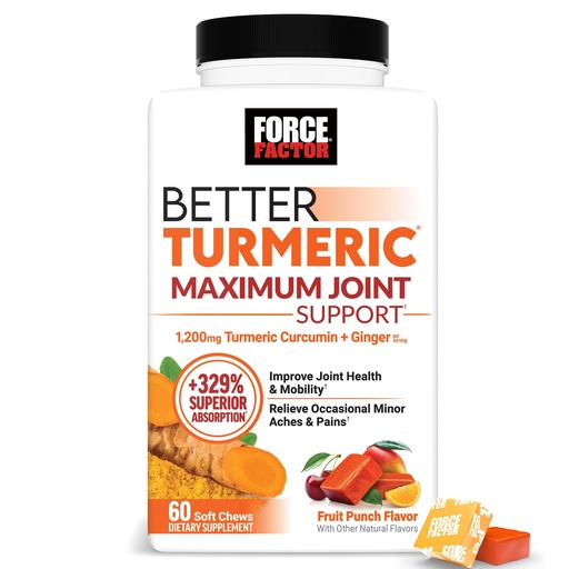 [BRSREYITCAHGY3I7] Force Factor Better Turmeric Maximum Joint Support, 1075mg Curcumin with Ginger to Support Mobility, Flexibility & Comfort, Chews More Convenient Than Turmeric Gummies, Fruit Punch, 60 Soft Chews