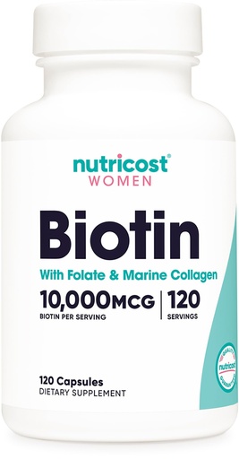 [BRSW2CQDAB5A4YLL] Nutricost Biotin for Women 10,000mcg 120 Capsules - with Folate & Collagen, Gluten Free & Non-GMO