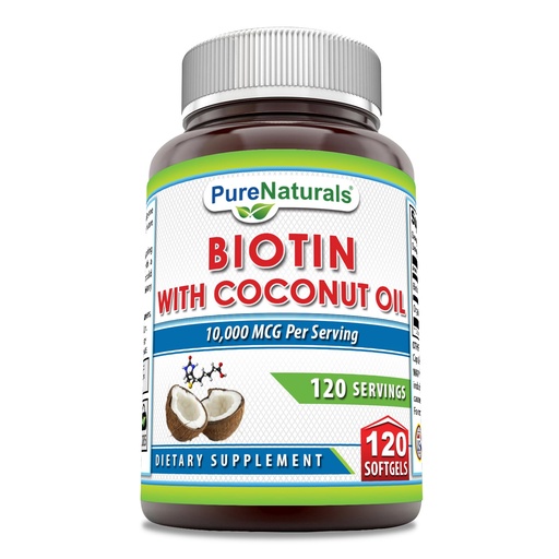 [BRSRAYIYCIIQEHTU] Pure Naturals Biotin 10000 Mcg with Extra Virgin Organic Coconut Oil 120 Softgels | Non-GMO | Gluten Free | Made in USA