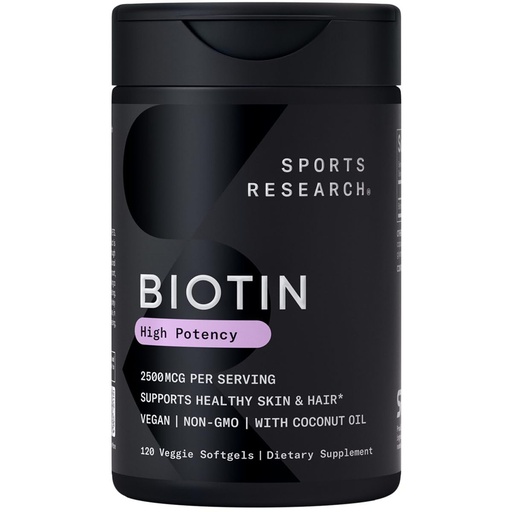 [BRSWGA35CABWYCQ4] Sports Research® Biotin 2,500mcg with Organic Coconut Oil - Biotin (Vitamin B7) for Healthy Skin and Hair Support* - for Women and Men - Vegan, Non-GMO, Gluten & Soy-Free - 120 Veggie Softgels