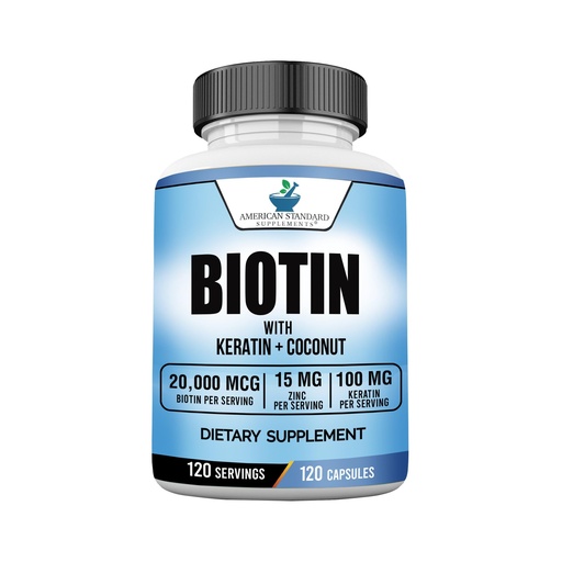 [BRSWYATQCUHBAGY7] American Standard Supplements Biotin 20,000mcg with Keratin, Coconut Powder and Zinc, Biotin Supplement for Women and Men,120 Veggie Capsules, 120 Day Supply