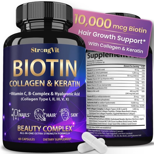 [BRSREGDRCEJWC3D3] StrongVit Biotin with Hyaluronic Acid, Keratin and Collagen Supplements - 10000mcg for Hair Growth Women and Men - Hair Skin and Nails Vitamins - 60 Capsules