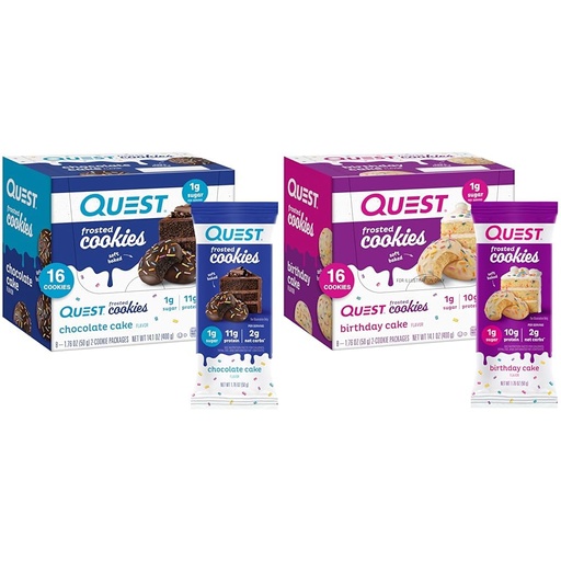 [BRSROCAFOEPW2EY6] Quest Frosted Cookies Twin Pack, Chocolate Cake 16 Cookies & Birthday Cake 16 Cookies, 1g Sugar, 10-11g Protein, 2g Net Carbs