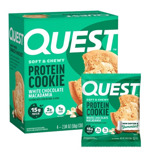 [BRSREY34CEPGM33L] Quest Nutrition White Chocolate Macadamia Protein Cookie, 15g Protein, 1g Sugar, 2g Net Carbs, Keto Friendly, High Protein, Low Carb; 4 Count