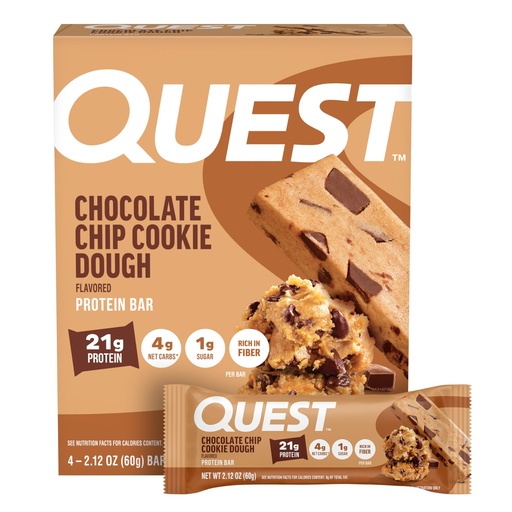 [BRSWIFQZBV4WKD3A] Quest Nutrition Chocolate Chip Cookie Dough Protein Bars, 21g Protein, 4, Net Carbs, 1g Sugar, High Fiber, Gluten Free, Keto Friendly, 4 Count