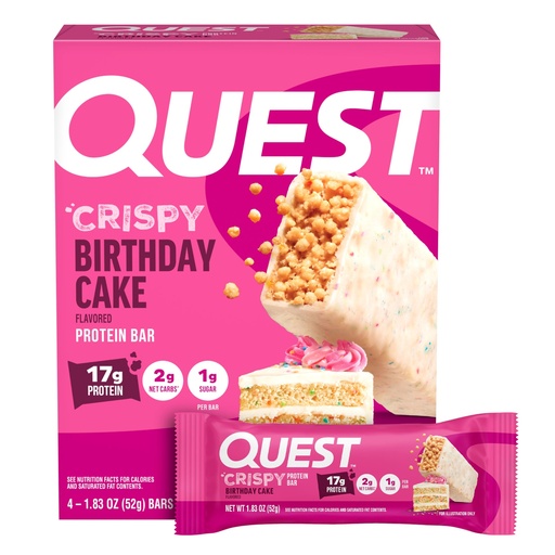 [BRSREY34CQMA2DTU] Quest Nutrition Crispy Birthday Cake Protein Bar, 17g Protein, 1g Sugar, 2g Net Carbs, Gluten Free Protein Snack, Keto Friendly, 4 Count