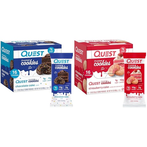 [BRSRAZTYOB7QO3Q4] Quest Nutrition Frosted Cookies Twin Pack Bundle, Chocolate Cake 1g Sugar 11g Protein 2g Net Carbs and Strawberry Cake 1g Sugar 10g Protein 2g Net Carbs, Gluten Free, 16 Cookies Each