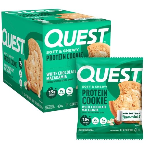 [BRSRA2YBCVYQOAY4] Quest Nutrition White Chocolate Macadamia Protein Cookie, 15g Protein, 1g Sugar, 2g Net Carbs, Keto Friendly, High Protein, Low Carb; 12 Count