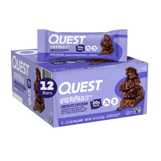 [BRSRAAL7BZ7BY2Q3] Quest Nutrition Overload Protein Bars, Chocolate Explosion, 20g Protein, 1g Sugar, 3g Net Carbs, Gluten Free, 12 Count