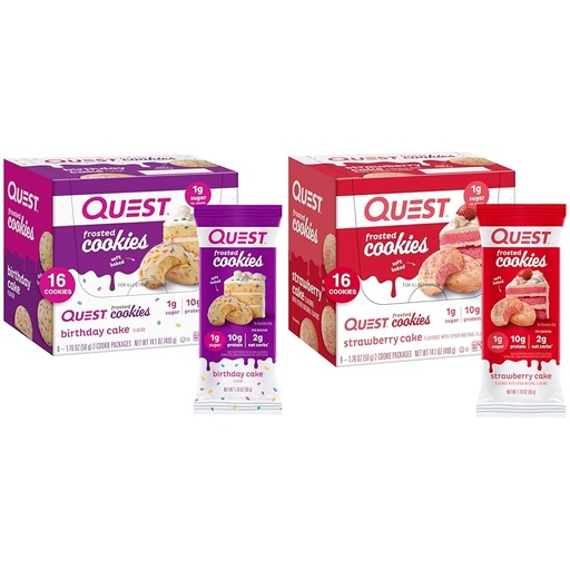 [BRSRAYANOF5BMALK] Quest Frosted Cookies Twin Pack with Birthday Cake 1g Sugar 10g Protein 2g Net Carbs Gluten Free 8 Count and Strawberry Cake 1g Sugar 10g Protein 2g Net Carbs Gluten Free 16 Cookies