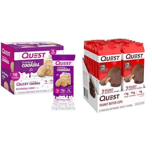 [BRSRAYANOECA43LD] Quest Birthday Cake Frosted Cookies Twin Pack, 8 Count and Peanut Butter Cups, 12 Count