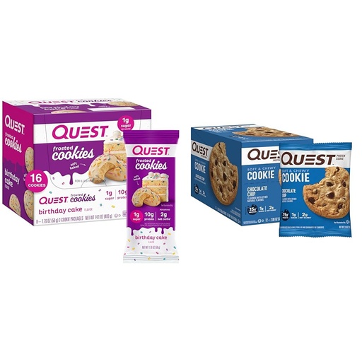 [BRSRAYAKDJ7GYD37] Quest Nutrition Frosted Cookies Twin Pack Birthday Cake 1g Sugar 10g Protein 2g Net Carbs Gluten Free 8 Count & Chocolate Chip Protein Cookie 12 Count