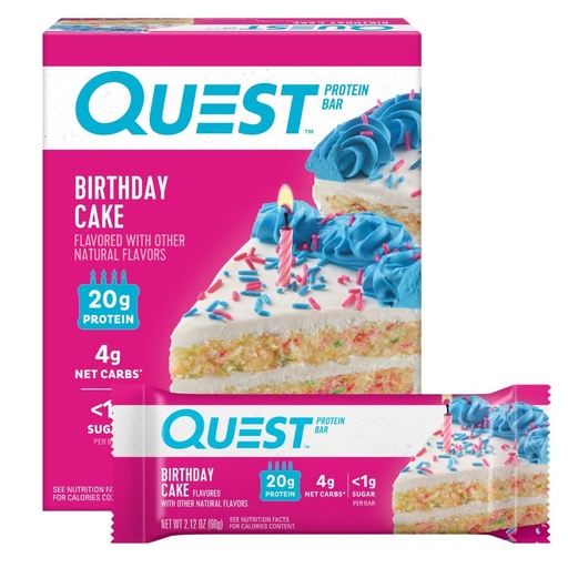 [BRSWGBAOCBYGE3Q6] Quest Nutrition Birthday Cake Protein Bars, 20g Protein, 4g net Carbs, 1g Sugar, Gluten Free, Keto Friendly, 4 Count