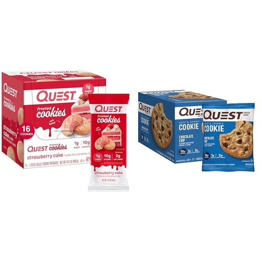 [BRSRAZTYO4IRGEY3] Quest Nutrition Frosted Strawberry Cake & Chocolate Chip Protein Cookie Bundle, 1g Sugar, 10g Protein, 2g Net Carbs, Gluten Free, 16 & 12 Count