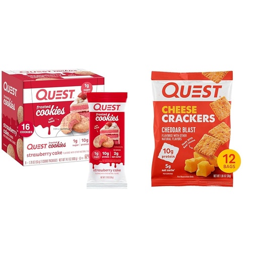 [BRSROCYOBMGRGCLH] Quest Nutrition Frosted Cookies Twin Pack, Strawberry Cake, 1g Sugar, 10g Protein, 2g Net Carbs & Cheese Crackers, Cheddar Blast, High Protein, Low Carb, Made with Real Cheese, 12 Ct