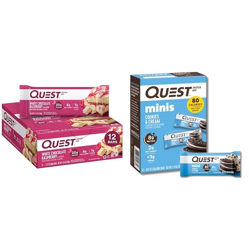 [BRSRAY33CIOWKHLD] Quest Protein Bars Bundle - White Chocolate Raspberry 12 Count & Cookies 'N Cream Mini 14 Count