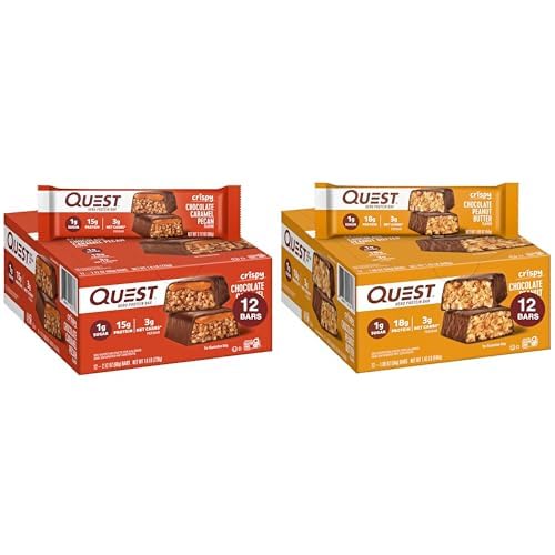 [BRSRAZTYOF7AAHL6] Quest Hero Protein Bars, Crispy Chocolate Caramel Pecan and Chocolate Peanut Butter, 15-18g Protein, 1g Sugar, 12 Count