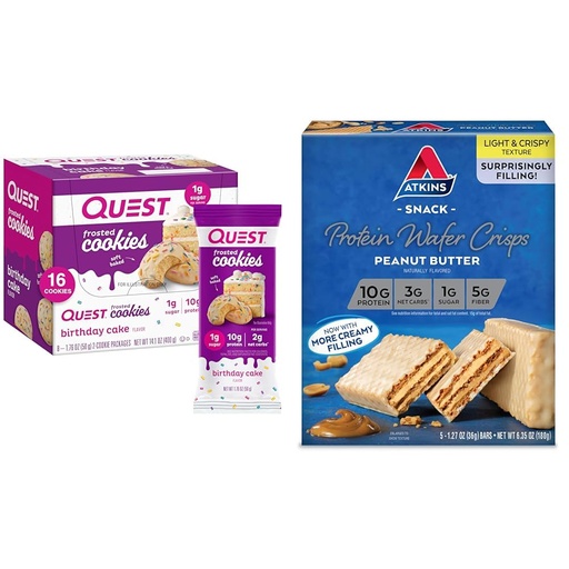 [BRSRAYY3OAJRUF3Z] Quest Birthday Cake Frosted Cookies Twin Pack with 16 Cookies and Atkins Peanut Butter Protein Wafer Crisps with 5 Count