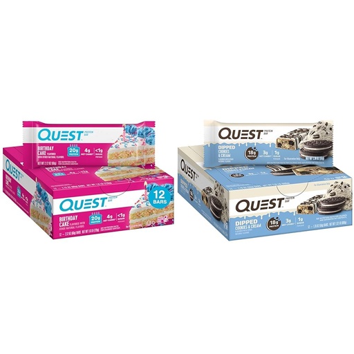 [BRSRAY33BUIGADTG] Quest Birthday Cake & Cookies & Cream Dipped Protein Bars, High Protein, Gluten Free, Keto Friendly, 12 Count Each
