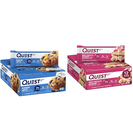 [BRSRAYITDIDWMHTU] Quest Blueberry Muffin (12 Count) and White Chocolate Raspberry (12 Count) Protein Bars Bundle, High Protein, Gluten Free