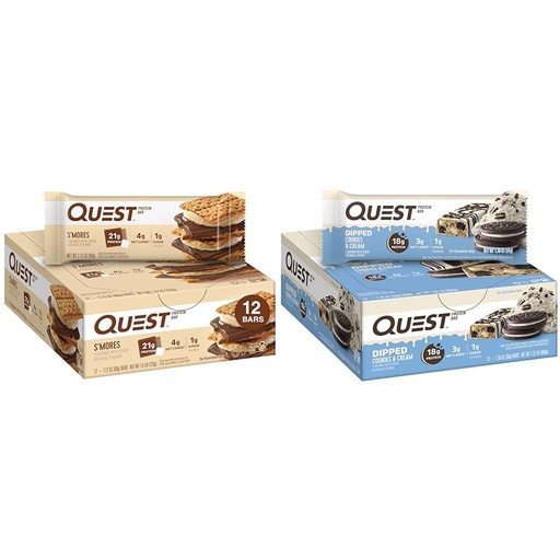 [BRSRAYYYOUIR43A4] Quest S'mores & Cookies & Cream Dipped Protein Bars Bundle, High Protein, Gluten Free, Keto, 12 Count