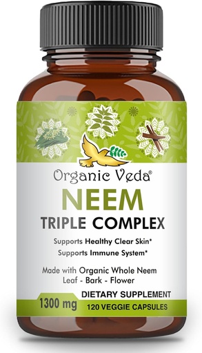 [BRSW2YD3CR7AGDI7] Organic Veda Neem Capsules with Triple Complex Neem Leaf Extract, Bark & Flower - Herbal Supplement Boosts Immunity, Improves Digestion, Skin Health & Support Cleansing - 120 Count