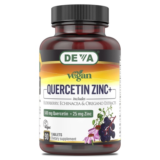 [BRSW2ZQQCF6A4FIU] DEVA Vegan Quercetin 500mg Plus 25mg Zinc with Elderberry, Echinacea and Oregano Extracts -No Animal Ingredients - 90 Tablets, 1-Pack