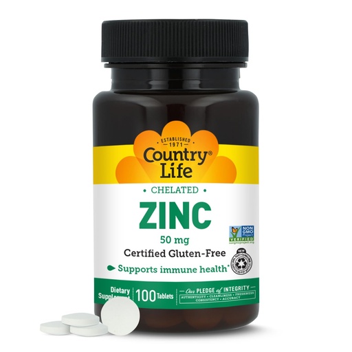 [BRSWIYTYCUOA4AI5] Country Life Chelated Zinc 50 mg - Certified Gluten-Free & Vegan Immune Support Supplement, Enhances Zinc Absorption, Supports Body’s Protein Production & Cellular Health, 100 Vegetarian Tablets