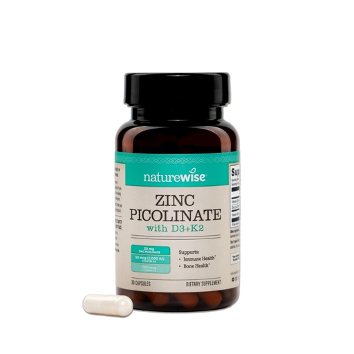 [BRSRGZAOAUIRUG34] NatureWise Zinc Picolinate with D3 + K2 - Zinc Supplements for Men & Women + Vitamin D3 K2 - Supports Immune & Bone Health* - Non-GMO, Gluten Free, USA Manufactured - 30 Capsules[30 Day Supply]