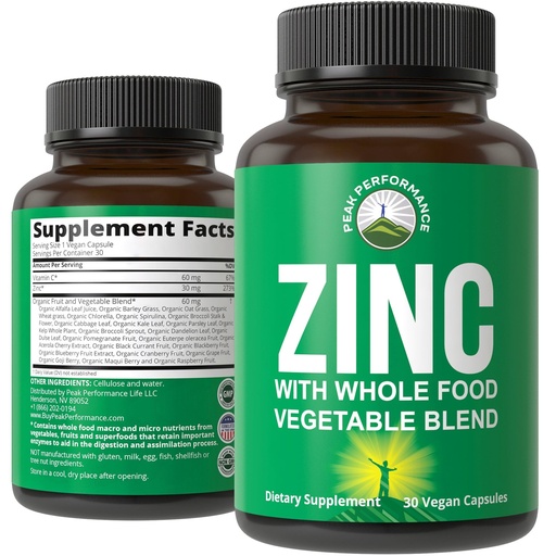 [BRSWGZACCUOQYGT7] Vegan Zinc Supplement with Vitamin C + Whole Food Blend of 25 Vegetables and Fruits for Max Absorption. Zinc Supplements 30mg Capsules, Pills, Tablets, Vitamins for Adults Both Men and Women