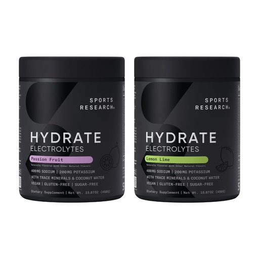 [BRSRAHQFBYJQGD3G] Sports Research Hydrate Electrolytes Powder - Sugar-Free & Naturally Flavored with Vitamins, Minerals, and Coconut Water - Supports Hydration - Passion Fruit & Lemon Lime