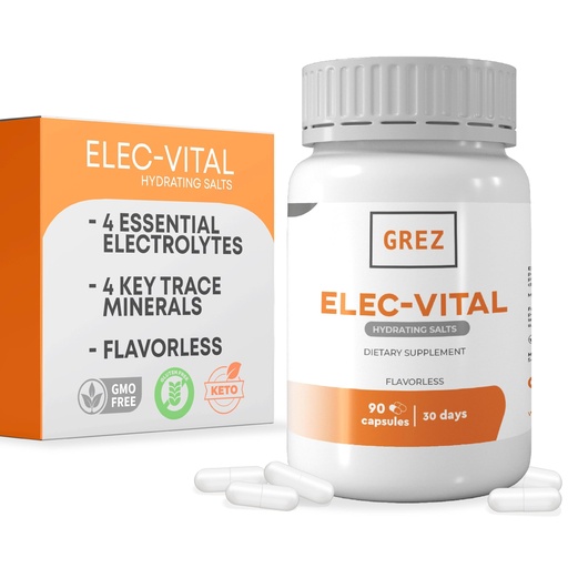 [BRSRGGIKBUNRGHY6] GREZ Elec-Vital Electrolyte Capsules - 8 Essential Electrolytes and Key Trace Minerals - Sugar Free - Flavorless - Hydration Mineral Supplement Support - 90 Capsules for 30 Days