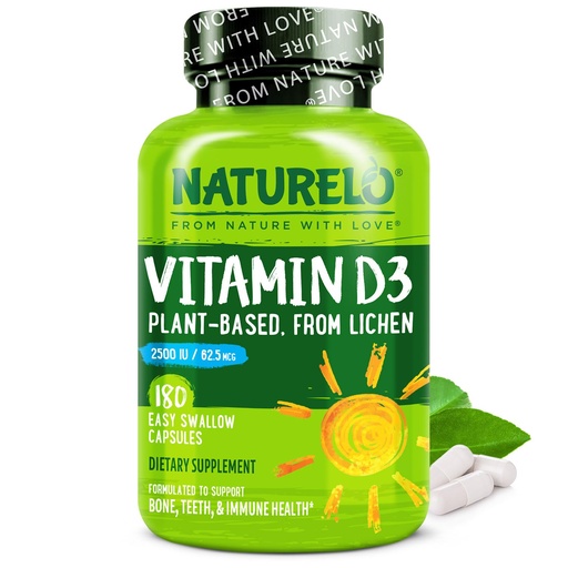 [BRSWG2Q5DMPQAALZ] NATURELO Vitamin D - 2500 IU - Plant Based from Lichen - Natural D3 Supplement for Immune System, Bone Support, Joint Health - Vegan - Non-GMO - Gluten Free - 180 Capsules
