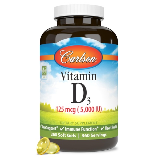 [BRSWECQ2PIJR6HLF] Carlson - Vitamin D3 5000 IU (125 mcg), Bone Health, Muscle Health, Cholecalciferol, Vitamin D Supplements, Vitamin D3 Soft Gels, 360 Softgels