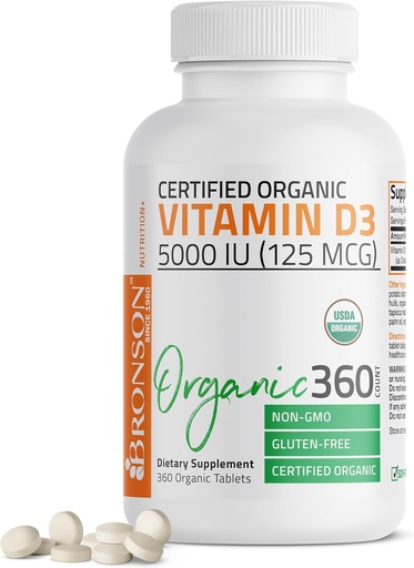[BRSWKHTROAIWOAIV] Bronson Vitamin D3 5,000 IU (125 mcg) Certified Organic High Potency Non-GMO Vitamin D Supplement, 360 Tablets