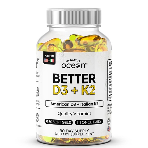 [BRSREGT7OJ7RAF34] Organics Ocean Better D3 + K2-100% Organic VIT D3 and K2 Supplements with Maximum Bioavailability - Supports Bone Density, Calcium Balance, Immunity & Mood - 1-Pack, 30-Day Supply