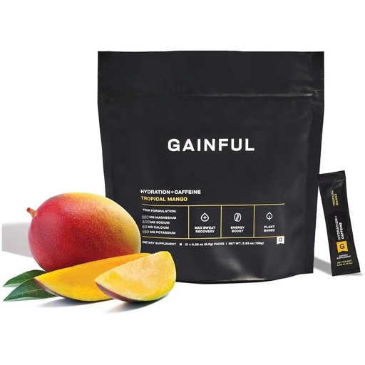 [BRSROCQQOB5QAELF] Gainful Hydration + Caffeine Powder Packets with Key Electrolytes Magnesium & Sodium + L Theanine, Low Sugar Drink Mix, Tropical Mango, 21 Sticks