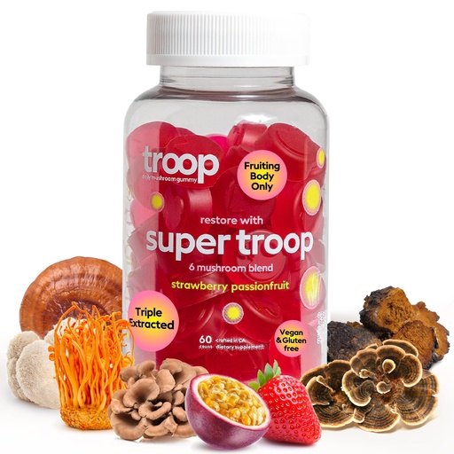 [BRSRMBQBOZ7GAGTV] Troop Super 6 Mushroom Gummies — Immunity, Energy and Mood Boost — Triple-Extracted Fruiting Body — Vegan, 60 Count