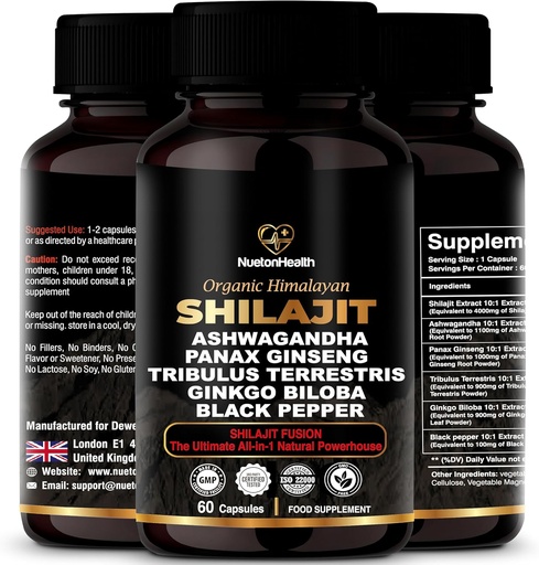 [BRSROAD6OINAA33K] Himalayan Shilajit Kapsle s Ashwagandha, Ginseng, Tribulus, Ginkgo & Black Pepper - Vegan, gluten- Free Botanická směs pro denní Wellness & Vitality - 60 Kapsle