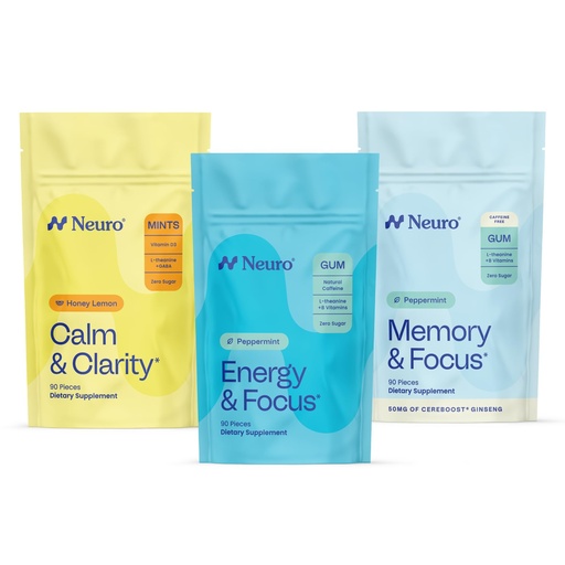[BRSRGGL2O4GRYE3A] Neuro Cognitive Balance Bundle - Memory & Focus Nootropic Gum (Peppermint, 90 Count), Sleep & Recharge Melatonin Mints (Berry, 72 Count), Calm & Clarity Stress Support Mints (Honey Lemon, 90 Count)