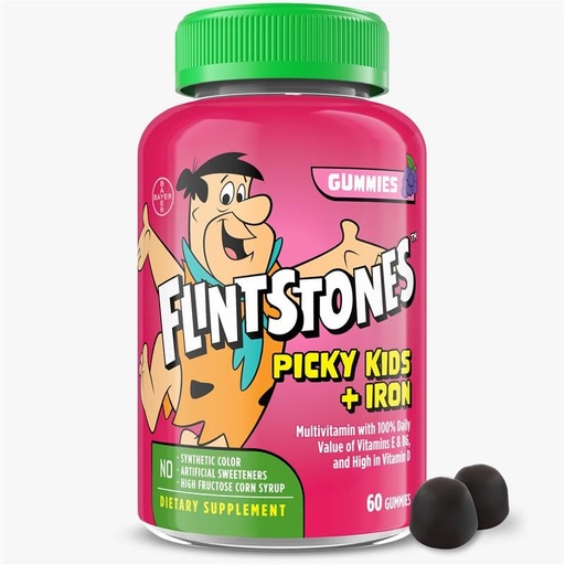 [BRSRABIBCMCWOADX] Flintstones Vitamins for Picky Kids + Iron, Kids Multivitamin Gummies with Vitamin C, D, E, B6 and Iron, Gummy Vitamins, Grape Flavored, 60 Gummies