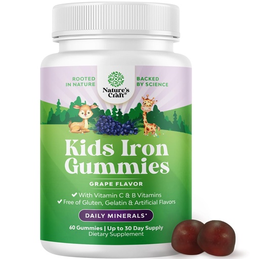 [BRSROBABBEMRSDL6] Kids Iron Gummies - Blood Builder Iron Supplements for Kids with Gentle for Stronger Immunity & Energy - Vitamin B12, Folate & Vitamin C Gummies - Vegan GMO & Gluten Free for Toddlers - 60 Count