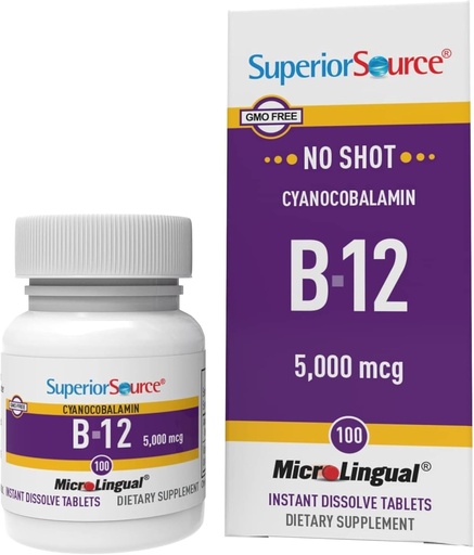 [BRSWIZYZOMDRWDY7] Fuente Superior No Zapato Vitamina B-12 Cyanocobalamin 5000 mcg - Vitamina B-12 para apoyar la producción de energía, salud cerebral " Wellness general - Tablas sublinguales - 100 Tablas dissolvables