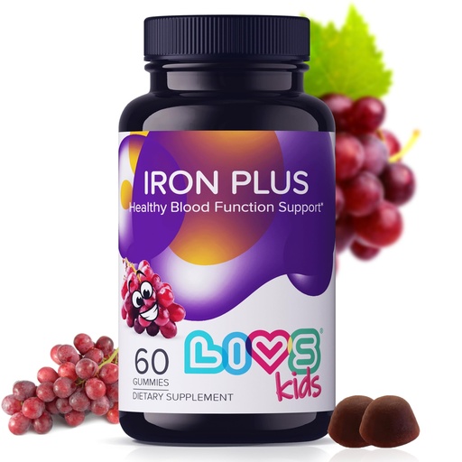 [BRSREFQCCUPQ23TK] LIVS Iron Supplement for Kids with Vitamin C, A, B3, B5, B6, B12, Biotin, Zinc & Folate | Non-GMO, Gluten Free Chewable Supplement as Gummy for Energy Boost & Anemia Support - 60 Count