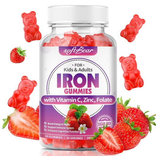 [BRSRECT5O56QG2QY] softbear Iron Gummies for Women & Men & Kids, Chewable Iron Supplements with Vitamin C,B3,B5,B6,B12 Supports Immune System, Energy & Vitality, Sugar-Free/Vegan, Strawberry Flavor 60 Count