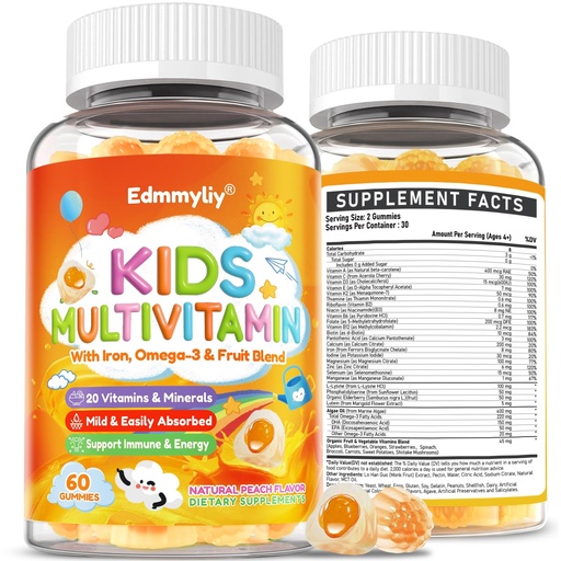 [BRSREBTROBYA2EI2] Kids Multivitamin Gummies - Vitamins A D3 K2, Methylated B-Complex with Omega-3, Iron for Immune & Development Support - Organic Mixed-Berry Flavor Multivitamins for Kids Daily - Sugar Free & Vegan